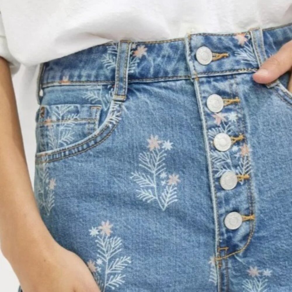 Anthropologie Blue Denim Jean Shorts with Pink Floral Print - Picture 3 of 8